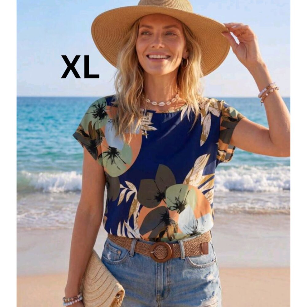 Sylviya Women's Tropical Print Blouse - Navy and Orange